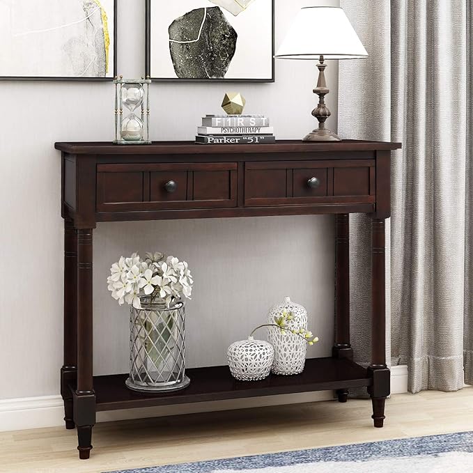 Bellemave Console Table with Drawers, Retro Entryway Table with 2 Drawers and Open Storage Shelf, Narrow Long Sofa Table, Behind Couch Table for Living Room, Foyer and Hallway,Espresso