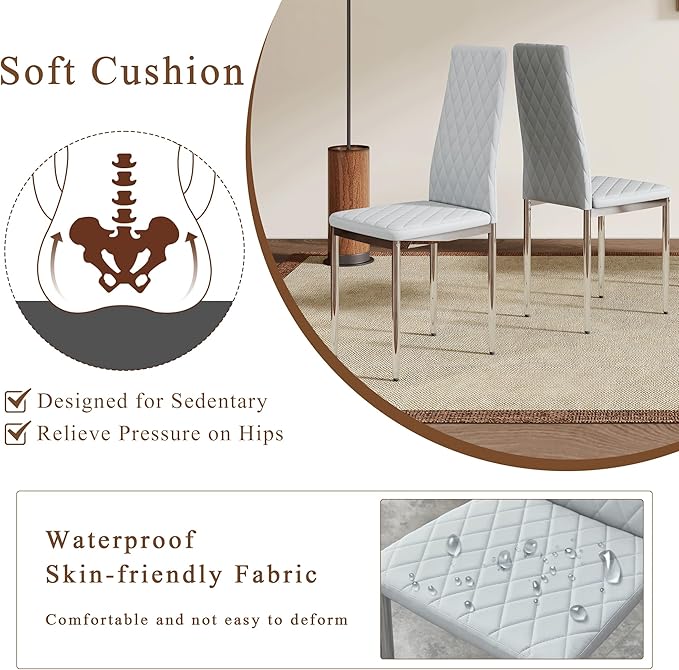 JT Modern Minimalist Dining Chair Fireproof Leather Sprayed Metal Pipe Diamond Grid Pattern Restaurant Home Conference Chair Set of 4 Or 6 (6, Gray Brown)