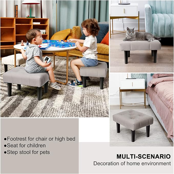 HOUCHICS Small Footstool Ottoman,Velvet Soft Footrest Ottoman with Wood Legs,Sofa Footrest Extra Seating for Living Room Entryway Office(Grey 2PACK)