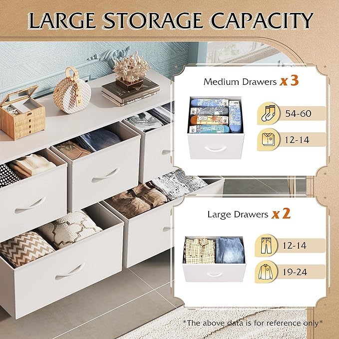 WLIVE Dresser for Bedroom with 5 Drawers, Wide Chest of Drawers, Fabric Dresser, Storage Organization Unit with Fabric Bins for Closet, Living Room, Hallway, White