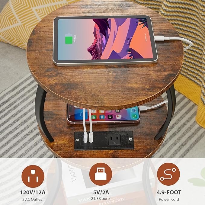 Small Round Side Table with Charging Station, 3-Tier Waist Circular End Table with Storage Shelf, Compact Tea Sofa Side Table Small Spaces, Round Corner Coffee Table for Living Room Bedroon,Brown