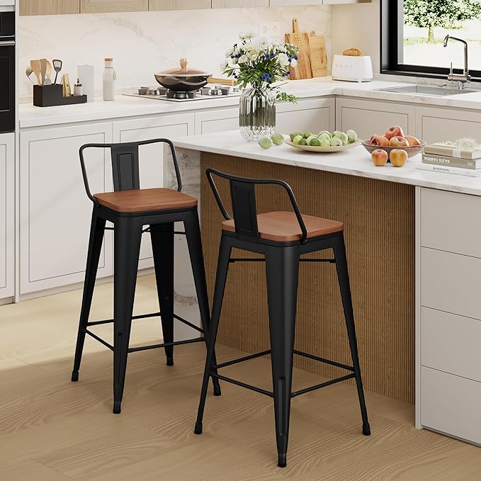 Yongchuang 24" Metal Barstools Set of 2 Counter Bar Stools with Wood Top Low Back Matte Black