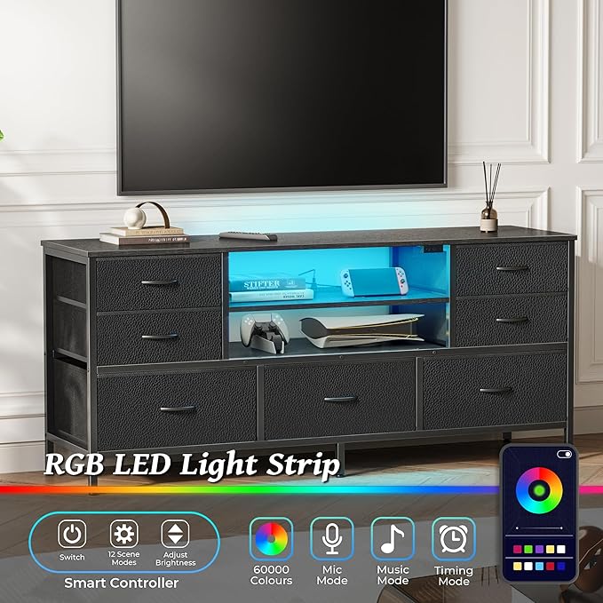 Huuger TV Stand Dresser with Power Outlets and LED Lights, 7 Drawer Console for 55 Inch TV, Black PU Leather Bedroom Dresser