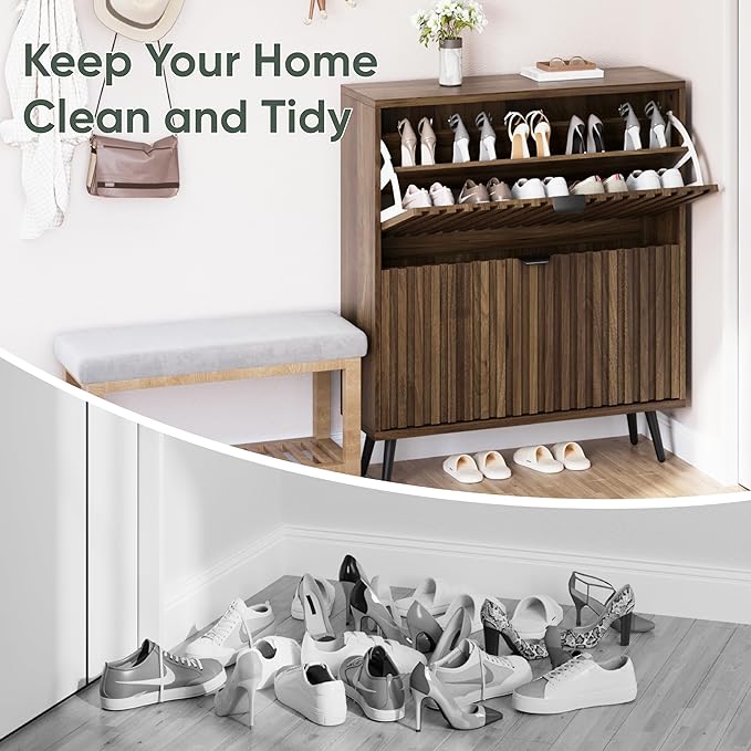 Smuxee Shoe Cabinet with 2 Flip Drawers, 31.5" Walnut Hidden Shoe Storage Cabinet with Fluted Design, Freestanding Shoe Organizer Cabinet for Entryway, Hallway, Closet, Living Room