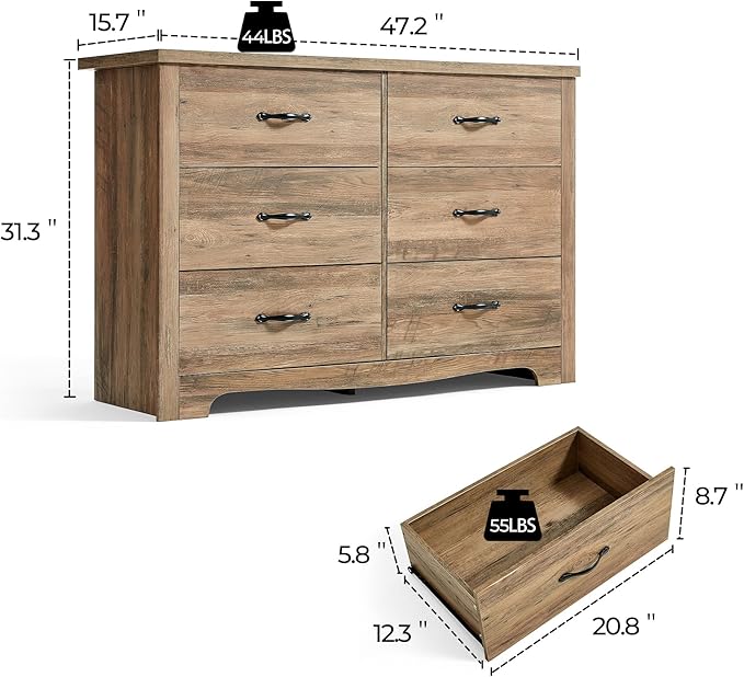 LINSY HOME 6 Drawers Dresser for Bedroom, 47" Wide Rustic Wood Dressers & Chests of Drawers, Modern Farmhouse Storage Dresser with Antique Handles for Closet, Living Room, Hallway, Rustic Brown