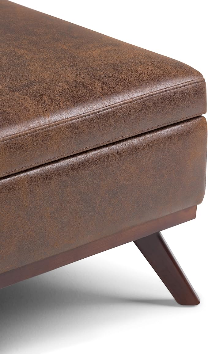 SIMPLIHOME Owen 36 inch Wide Mid Century Modern Square Coffee Table Storage Ottoman in Distressed Chestnut Brown Vegan Faux Leather, Assembled, for the Living Room, Entryway and Family Room