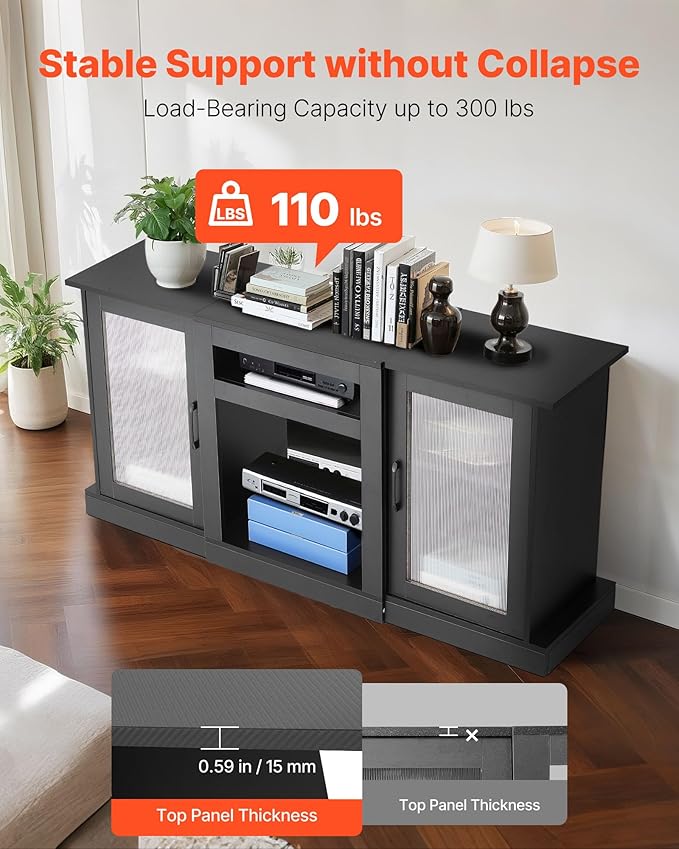 VEVOR TV Stand for TVs up to 65 inch, Modern Entertainment Center with Light Strip, Wooden TV Cabinet Storage with Glass Doors and Adjustable Shelves, Console Table for Living Room and Bedroom, Black