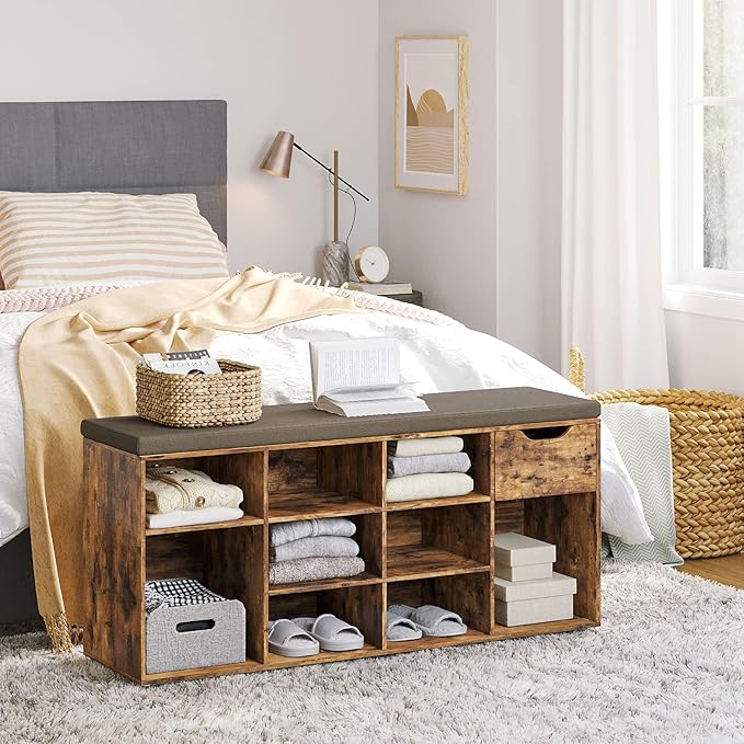 DINZI LVJ Shoe Bench, Entryway Storage Bench with Drawer and 11 Cubbies, Cubby Shoe Rack with Adjustable Shelves, Shoe Organizer Cabinet for Living Room, Mudroom, Closet and Garage, Rustic Brown