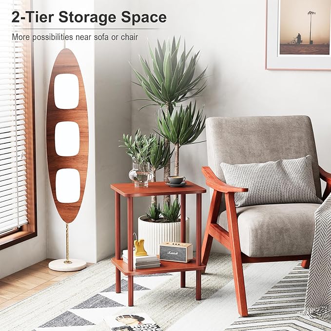 Apicizon 2 Tier End Table Set of 2, Small Side Table with Solid Wood Legs, Boho Bedside Table with Storage Shelf, Nightstand for Small Spaces, Bedroom, Living Room, Entryway, Vintage Brown