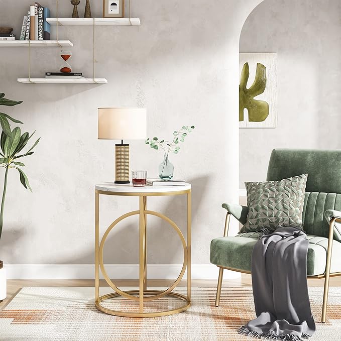 Tribesigns Round End Table for Living Room Set of 2, Modern Marble Side Table with Gold Metal Frame, White and Gold Accent Table, 26-Inch Tall Narrow Nightstand for Bedroom