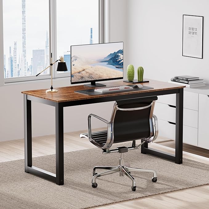 Decoholic 55 Inch Computer Desk, Home & Office PC Laptop Study Writing Table Workstation with Leg Bars, Modern Simple Industrial Style, Rustic Brown