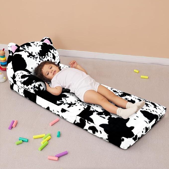 Toddler Chair with Faux Rabbit Fur – 2-in-1 Foldable Kids Couch, Soft Sofa for Reading, Napping, Bedroom or Playroom Use, 18 Months+ （Cow & Cat）