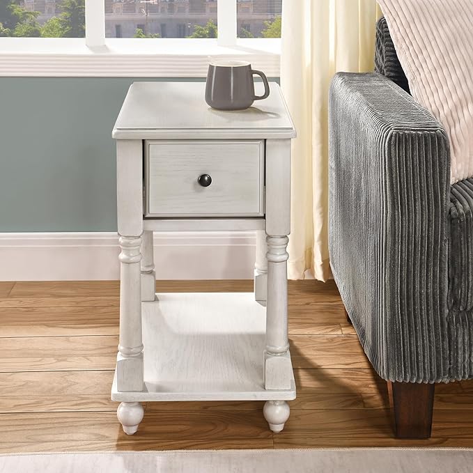 LEEMTORIG Set of 2 Solid Wood End Table Narrow Side Table with Drawer, Cherry Wood End Table Living Room, 13" W Slim Small Nightstand, 22" D x 22.3" H, No-Tools Assembly, Gray White BBJ-004-RW