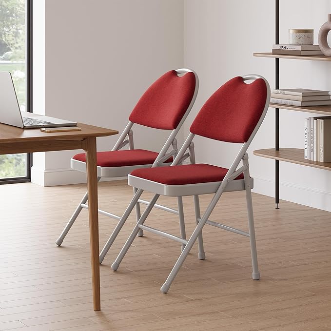 GarveeHome 2 Pack Folding Chairs with Fabric Padded, Metal Foldable Chair Linen Cushion and Back for Indoor Outdoor, Commercial Stackable Guest Chairs for Camping, Dining Room, Office, Wedding, Red