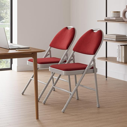GarveeHome 2 Pack Folding Chairs with Fabric Padded, Metal Foldable Chair Linen Cushion and Back for Indoor Outdoor, Commercial Stackable Guest Chairs for Camping, Dining Room, Office, Wedding, Red