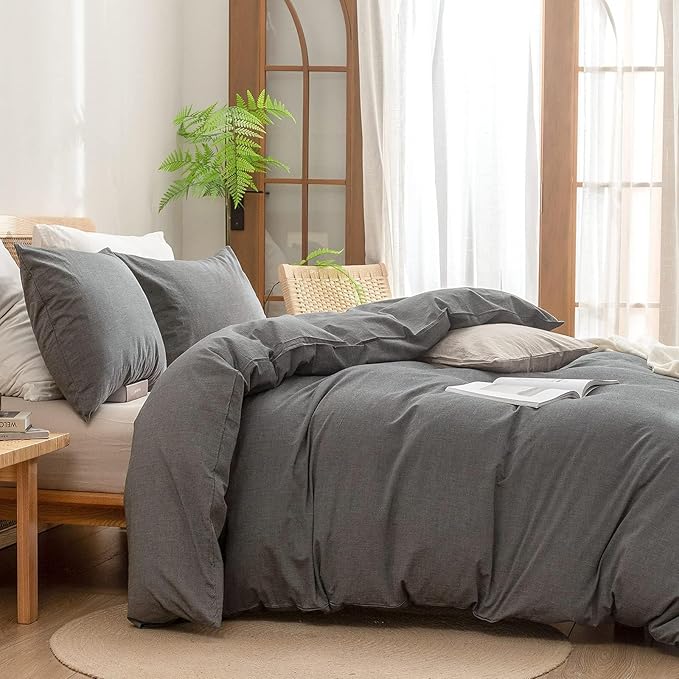 BESTOUCH Duvet Cover Set 100% Washed Cotton Linen Feel Super Soft Comfortable Chic Lightweight 3 PCs Home Bedding Set Solid Dark Grey Oversized Full