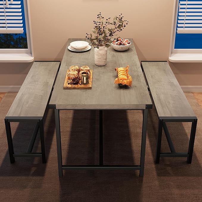 Dining Table Set for 4 with 2 Benches, 3-Piece Kitchen Table Set, Space-Saving Dining Set for Kitchen, Dining Room, Gray