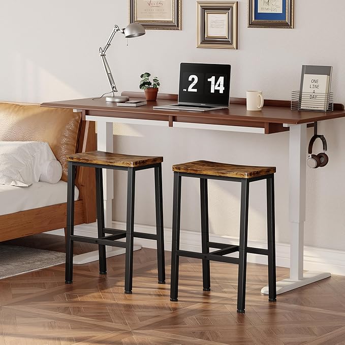 Homeiju Bar Stools, Counter Height Bar Stools Set of 2, 23.6 Inch Saddle Stools with Footrests, Industrial Kitchen Counter Seat for Dining Room, Kitchen, Counter, Rustic Brown