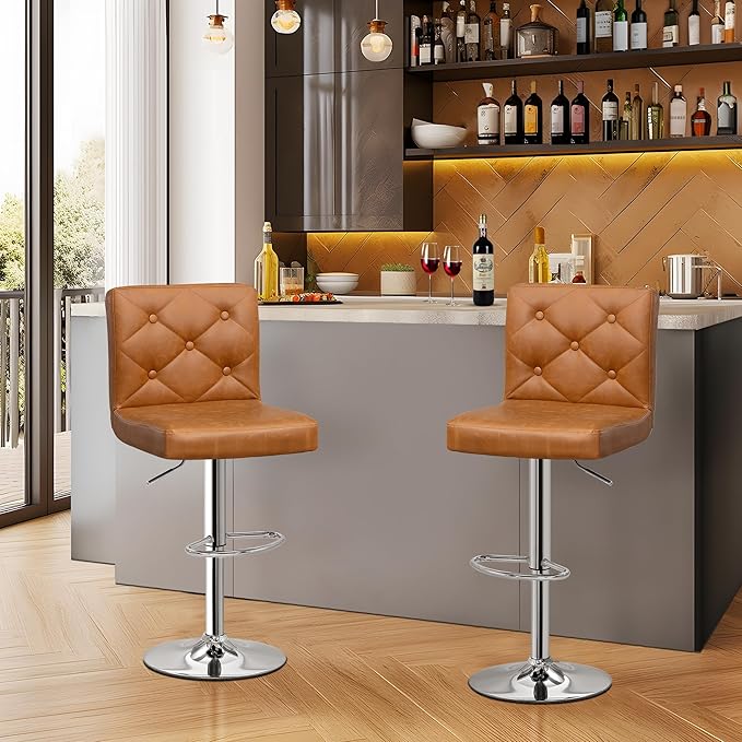 VECELO Adjustable Bar Stools Set of 2, Bar Height Stools for Kitchen Counter,Brown