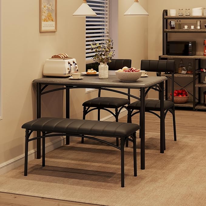 Garvee Dining Table Set for 4, Kitchen Table with Upholstered Bench and 2 Chairs, 4-Piece Wooden Dining Table Set for Apartment, Dining Room, Small Space, Gray