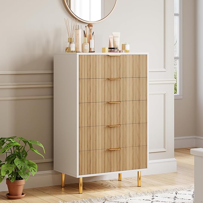 Natural Dresser, Modern 5 Drawer Dresser for Bedroom with Gold Handle and Large Drawer, Wood Double Chest of Drawers and Storage Organizer for Living Room, Hallway, Entryway