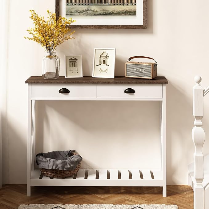 ChooChoo Farmhouse Console Table with Drawer for Entryway, Narrow Long Entry Table with Shelf for Living Room, Rustic Vintage Hallway Sofa Table with Stable X Supports, 40 White
