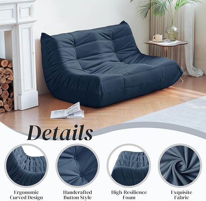Bean Bag Chair, Loveseat Fireside Chair Bean Bag Sofa for Adults, 2 Seater Bean Bag Chairs for Teens with High-Resilience Foam, Memory Foam Bean Bag for Living Room, Bedroom, Office (Suede, Dark Blue)