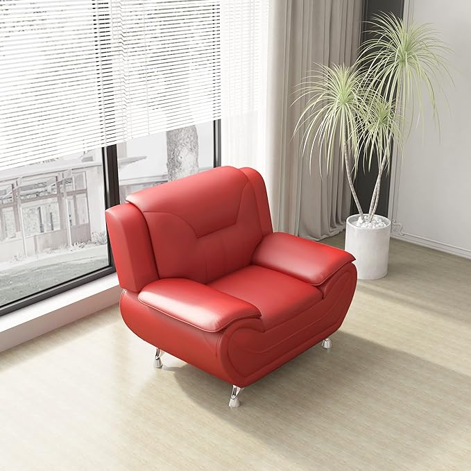 Container Furniture Direct Michael Modern Faux Leather Upholstered Stainless Steel Legs Living Room Sofa, Chair, Red