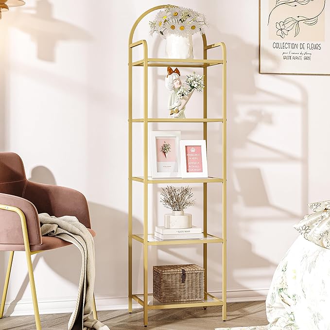 Bookcase Bookshelf, Tempered Glass Bookshelves, Slim Shelving Unit for Bedroom, Bathroom, Home Office, Steel Frame, 5 Tier Gold BC05001G