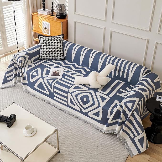STACYPIK Reversible Boho Blue Beige Couch Cover for 2 Cushion Couch Sofa Cover for Dogs Anti-Scratch Furniture Protector Cover with Tassels for Pet Cat Non-Slip Loveseat Cover for Sectional-71X102IN