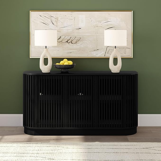 Plank+Beam Contour Wood TV Stand, Three Door Solid Wood Entertainment Console with Storage, 59" L x 16" W x 30" H, Black
