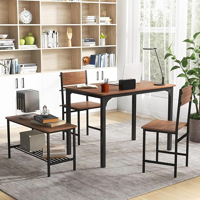 Giantex Dining Table Set for 4, 43" Kitchen Table and Chairs, Dining Bench with Metal Frame & Storage Rack, 4-Piece Modern Functional Desk Set for Dinette, Small Space, Apartment, Restaurant, Brown