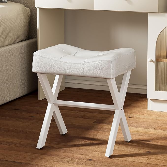 18-Inch Leather Vanity Stool Chair, Vanity Bench with Metal X-Leg, Ottoman Foot Stool with Thick Padded Saddle Seat, White