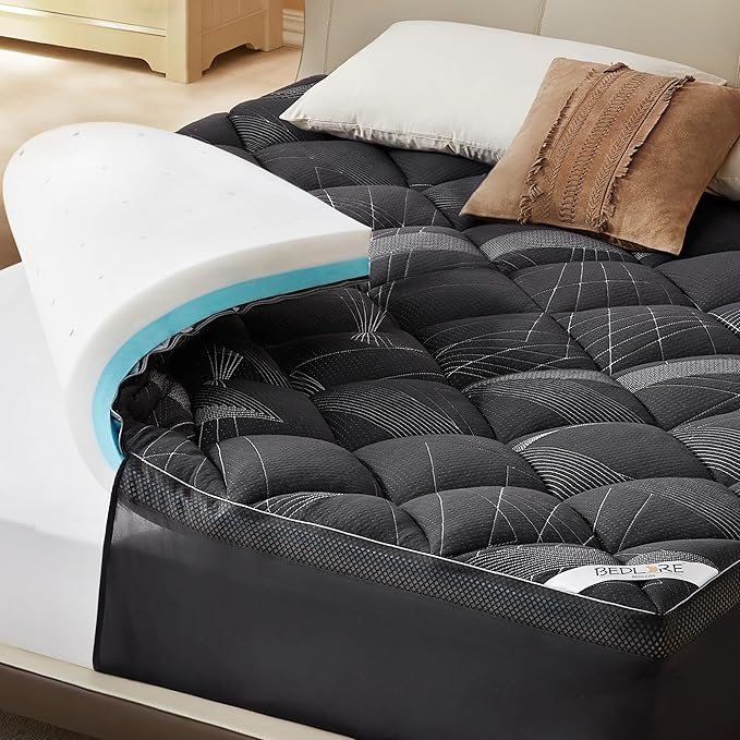 Bedlore 4-Inch Queen Mattress Topper for Back Pain - Dual Layer Medium Support (2" Gel Memory Foam + 2" Cooling Fluffy Pillow Top Pad), Breathable & Pressure Relief (Gray)
