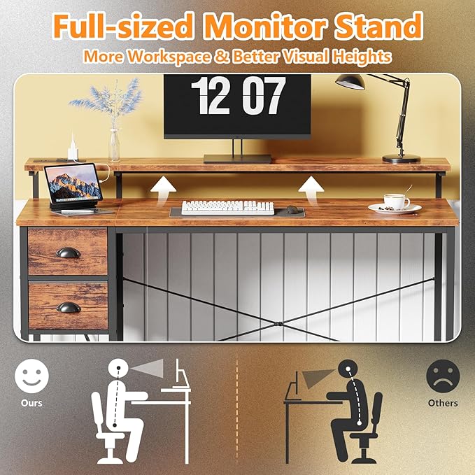 55 Inch Computer Desk with Power Outlets & LED Lights, Home Office Desk with Storage Drawers and Monitor Stand, Writing Work Study Desk for Bedroom Living Room