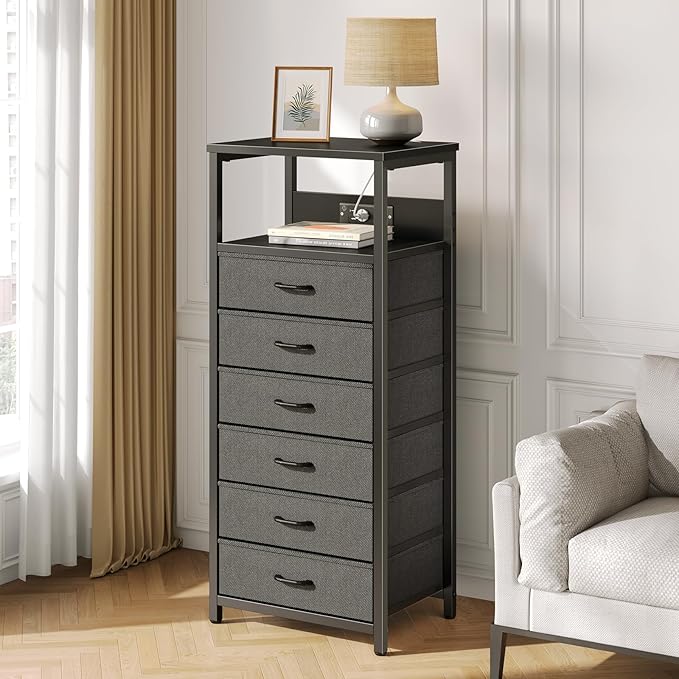 Seventable Night Stand with Charging Station, Tall Nightstand with 6 Fabric Storage Drawers, Side Table with LED Light for Bedroom, Entryway, Black