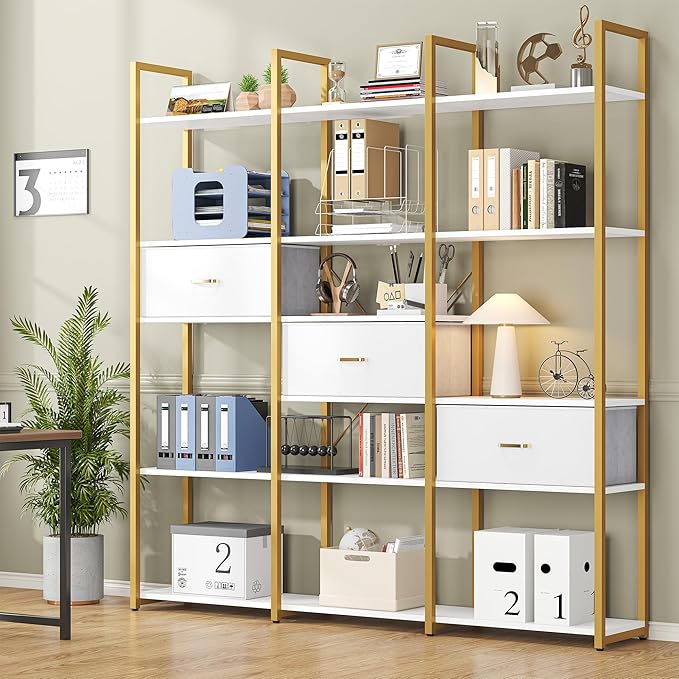 73.6" Tall Bookshelf with 3 Drawers and 16 Storage Shelves, Industrial Bookcase with 16 Open Display Shelves, Large Etagere Bookshelf, Triple Wide Book Shelf Book Case for Home & Office, Gold