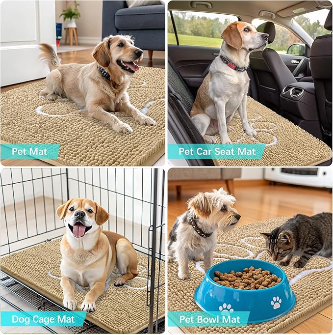 OLANLY Door Mat for Muddy Dog Paws 70x46, Ultra Absorbent Chenille Mud Doormat with Paw Print Design, Non-Slip Washable Doormat for Indoor Entryway, Quick-Dry Pet Bed Mats for Dirty Dogs, Beige
