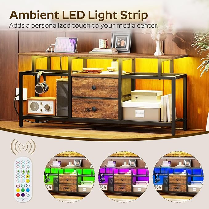 TV Stand with LED Light and Power Outlets, Entertainment Center with Fabric Drawers and Open Shelves, 41.7" TV Cabinet for TVs up to 45 Inch, Media Console for Living Room, Brown DS03UDBR