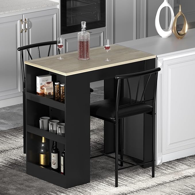 VECELO Small Bar Table and Chairs Tall Kitchen Breakfast Nook with Stools/Dining Set for 2, Storage Shelves, Space-Saving, Gray