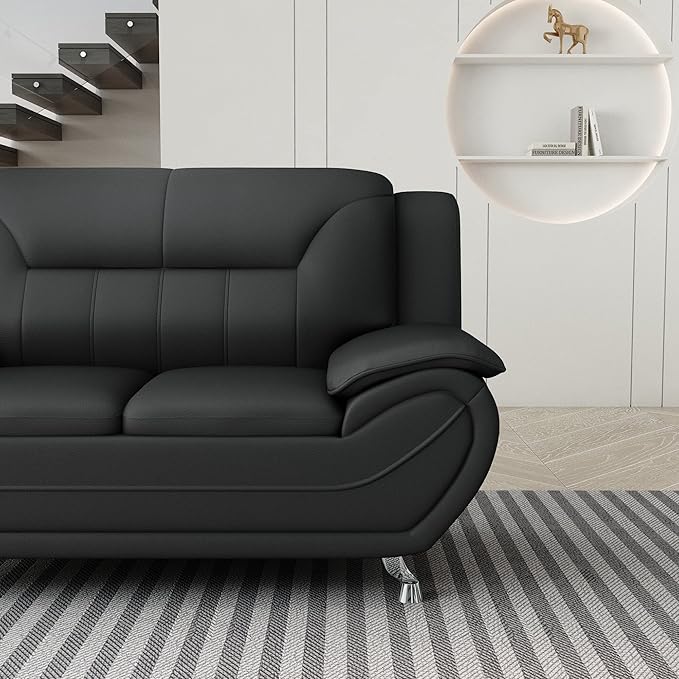 Container Furniture Direct Michael Modern Faux Leather Upholstered Stainless Steel Legs Living Room, Chair, Loveseat, Sofa, Soft Beige/Black