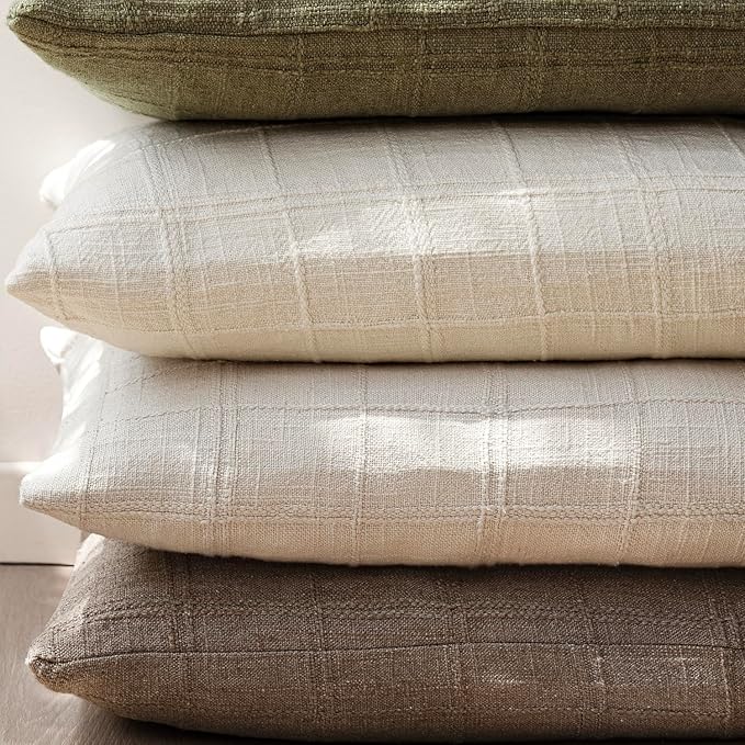 Foindtower Set of 2 Decorative Linen Check Throw Pillow Covers Neutral Farmhouse Vintage Cushion Covers Modern Boho Home Decor for Sofa Chair Couch Bedroom Living Room Outdoor,24×24 Inch,Taupe Grey