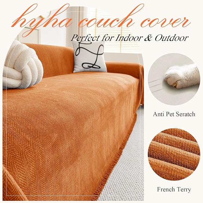 hyha Couch Cover for Dogs, Boho Sofa Covers for 3 Cushion Couch Washable, Chenille Sofa Slipcover for Pets, Soft Loveseat Sectional Couch Throw Blankets with Tassels (Orange, 71x150 Inch)