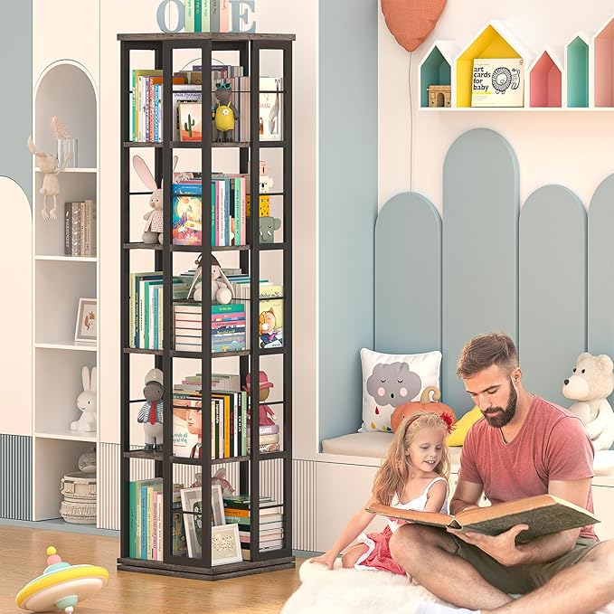 Aheaplus Rotating Bookshelf, Corner Bookcase, 360 Display Wood Spinning Bookshelves, Floor Standing Bookcase Narrow Shelf,5 Tiers, Grey Oak