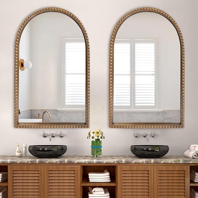 ironsmithn Gold Arched Mirror, 24"x40" Beaded Frame Arch Mirrors, Marlowe Decorative Accent Mirrors for Fireplace Bedroom Bathroom Living Room Entryway