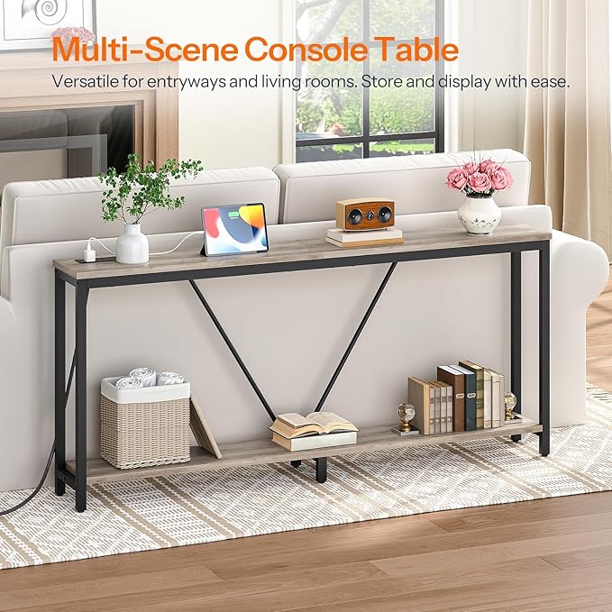 HOOBRO 70.9" Extra Long Sofa Console Table with Charging Station, 2-Tier Behind Couch Table with V-Brace, for Narrow Entryway, Hallway, Living Room, Greige BG186UXG01