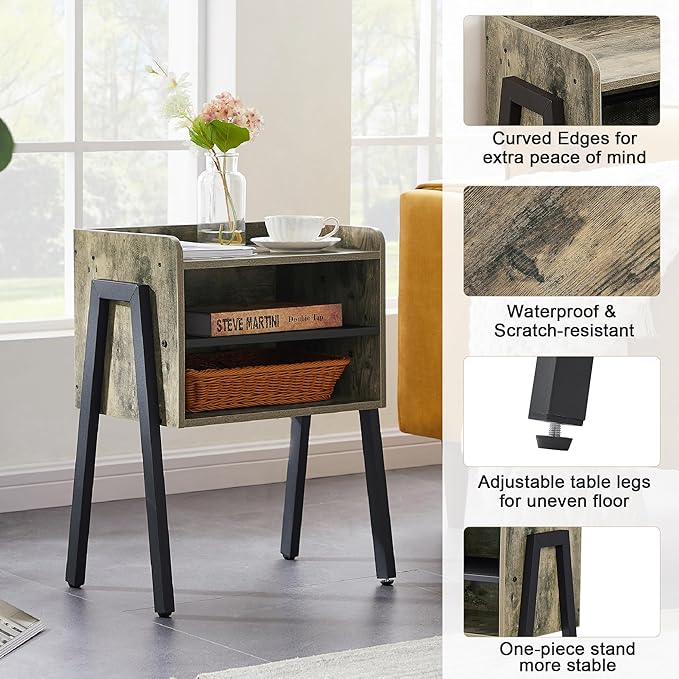 VECELO Night Stand Industrial End Table,Bedside Table with 2-Tier Open Storage Compartments for Bedroom, Living Room and Small Spaces