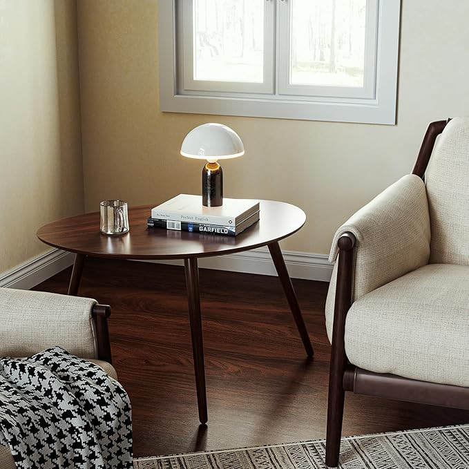 Small Oval Coffee Table, 25.6'' Small Mid Century Modern End Table for Living Room, 100% Solid Oak Wood Side Table, Minimalist Display Center Table(Walnut Color, 25.59''Wx17.51''Dx19.68''H)
