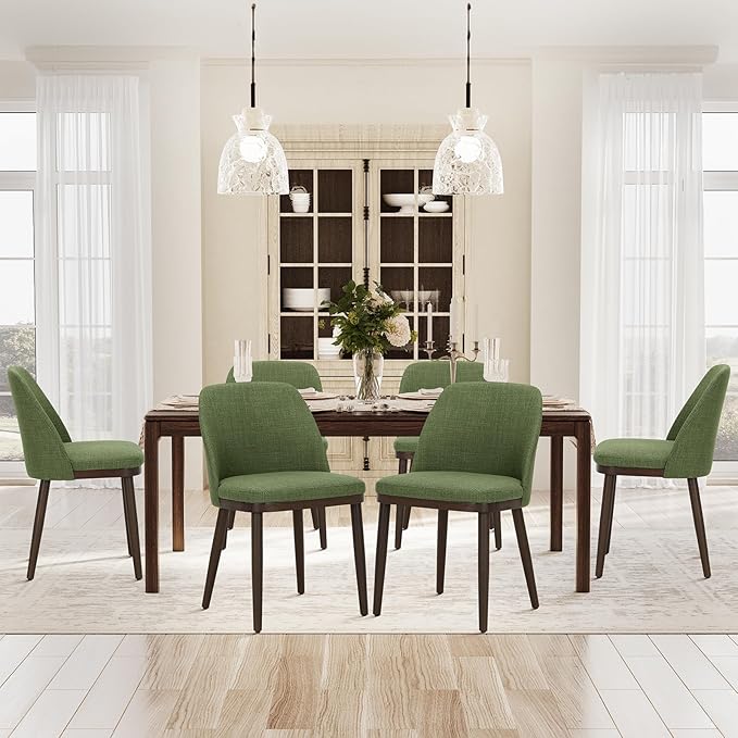 COLAMY Upholstered Dining Chairs Set of 6, Modern Kitchen Chairs with Back, Fabric Side Chair with Wood Legs for Dining Room Kitchen Restaurant, Green