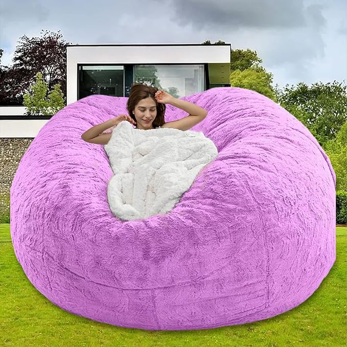 Bean Bag Chairs for Kids Comfy Fluffy Big Joe Bean Bag Chair Covers Only (No Filler) Round Sofa Chairs for Bedroom Living Room Decor, 5FT, Purple